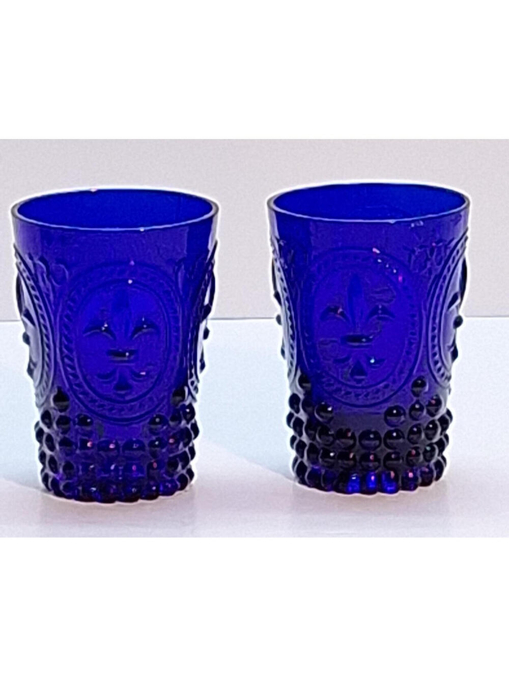 Vintage Set Of 2 Cobalt Blue FLEUR DE LIS Hobnail Glasses Embossed Pressed MCM